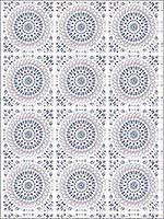 Mandala Boho Tile Coral Cream Midnight Blue Fabric RY32306F by Seabrook Wallpaper for sale at Wallpapers To Go
